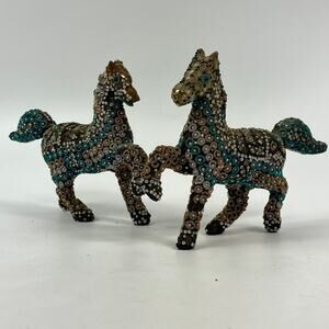 Pair Beaded Folk Art Horse Figurines POOR Mosaic Clay Core Handmade Home Decor